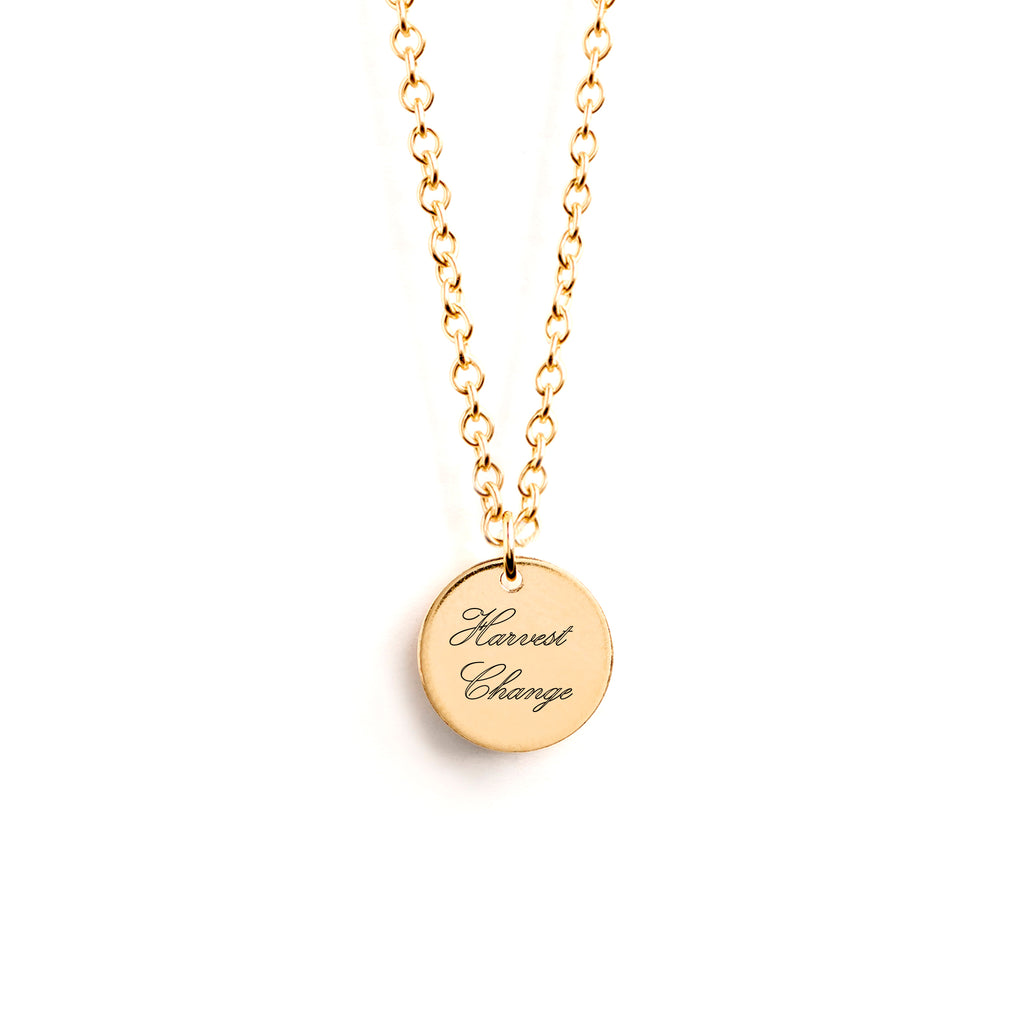 Engraved gold pendant necklace with 11mm personalised engraved disc. The perfect jewellery gift with meaning.