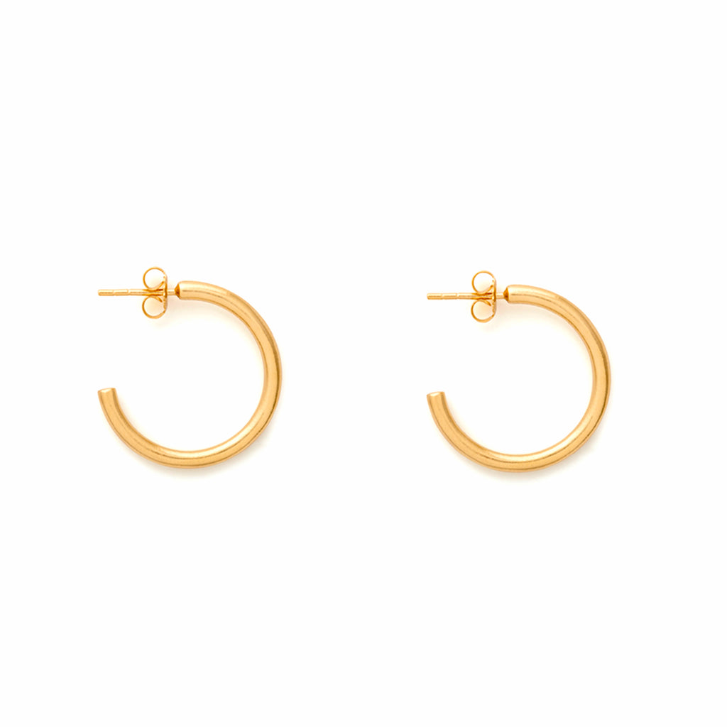Silke Gold Hoop Earring, medium stud hoop earrings in silver plated in 14 carat gold. Proudly designed in Devon and crafted by our Wanderlust Life global artisan partners