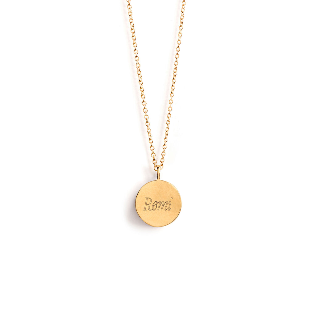 14k gold vermeil engraved birthstone necklace. Engraved with the name Remi in Modern Script font. Personalised necklace.