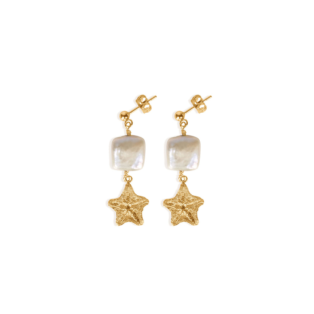 Wanderlust Life Eventide Drop Earrings. Square pearls and gold starfish are suspended from minimal gold stud earrings. New in the Sea Dreams collection, these statement studs are a must-have jewellery accessory this summer. Discover the Sea Dreams collection online at Wanderlust Life.