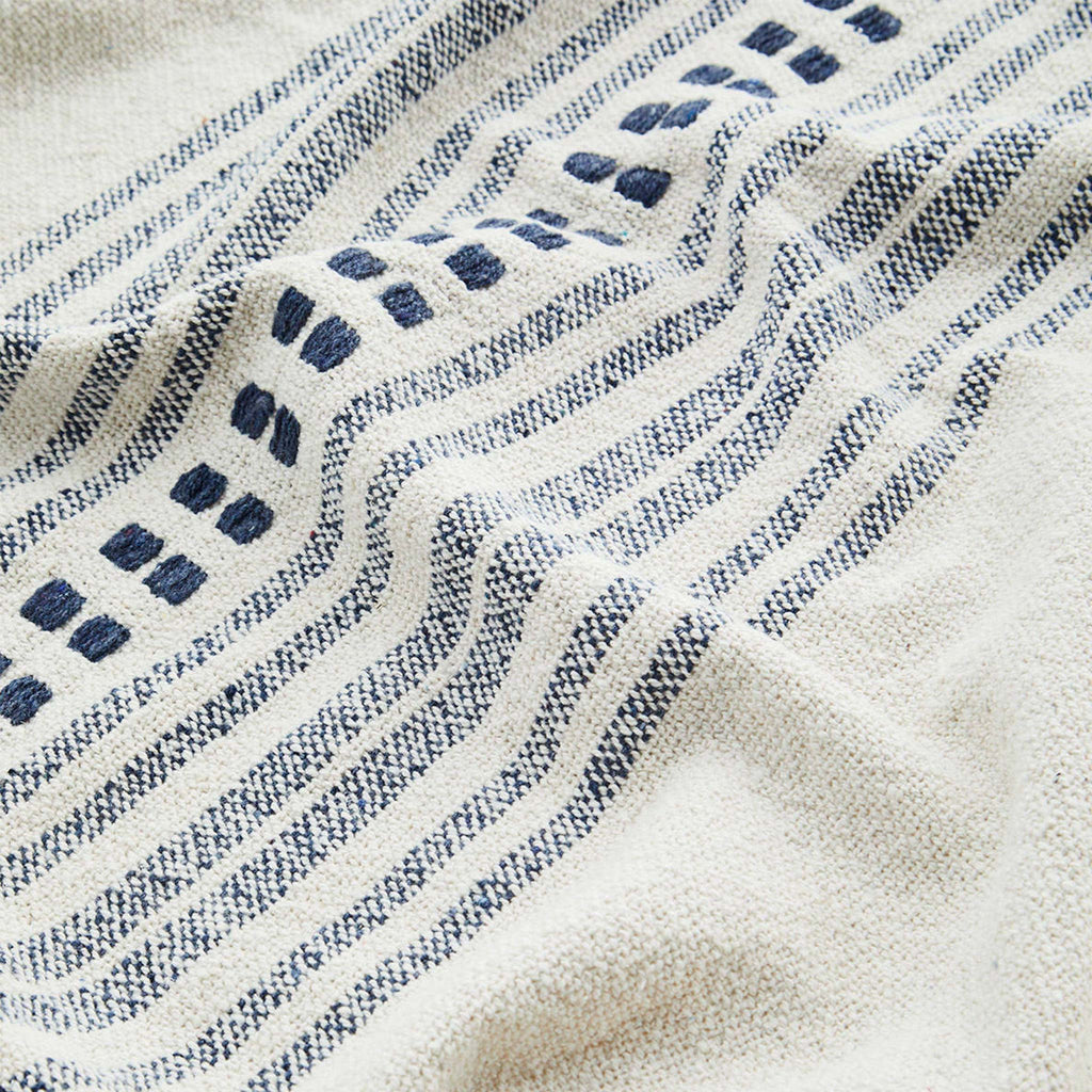 A beautiful patterned throw with decorative fringes at the sides. This throw is woven from cotton made from 100% recycled discarded clothing.