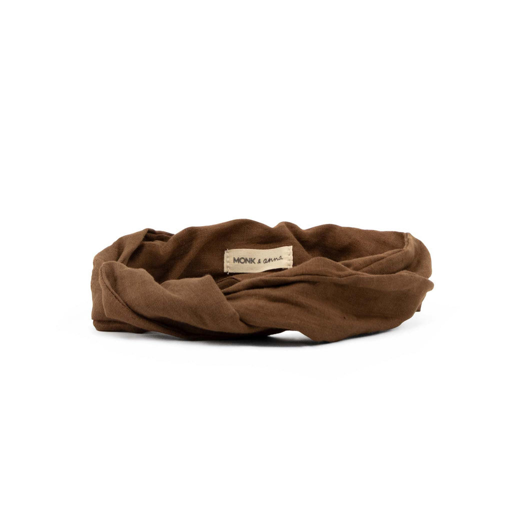 Monk & Anna wire wrap headband in brown Oak linen. Shop accessories at Wanderlust Life.