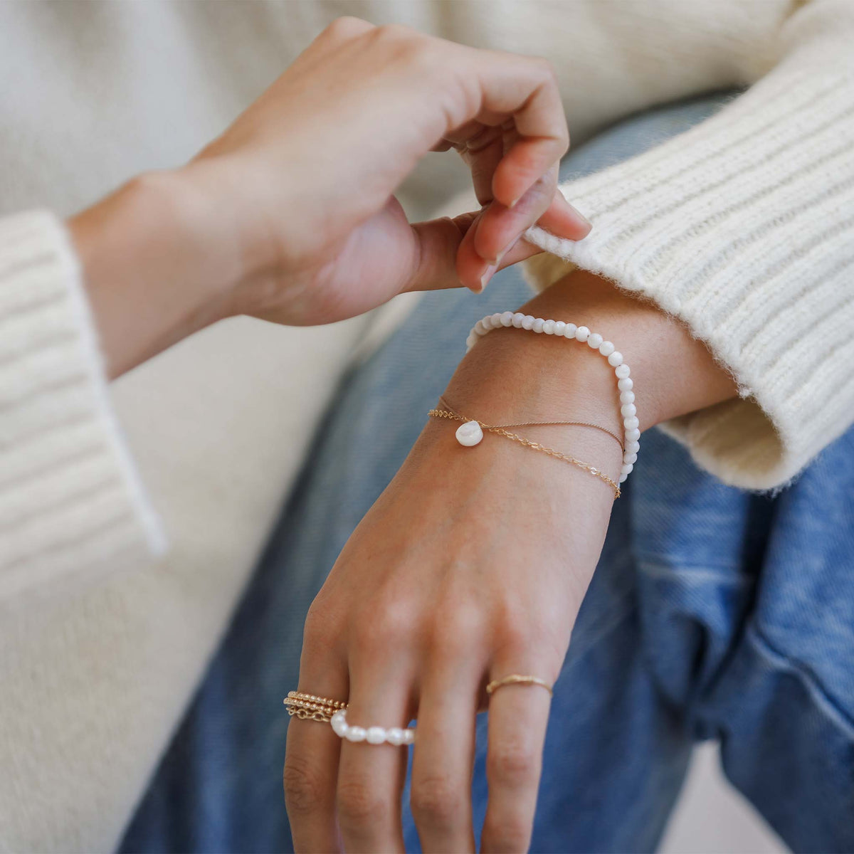 14K Gold Plated Baroque Pearl Bracelet For Women - Adjustable Stackable Hand Chain Boho Jewelry Gift For Mom Or Wife