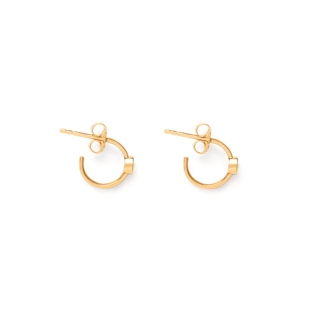 Side view of petite Astrea hoop earrings. Opal gemstone gold vermeil hoop earrings with butterfly stud backs.