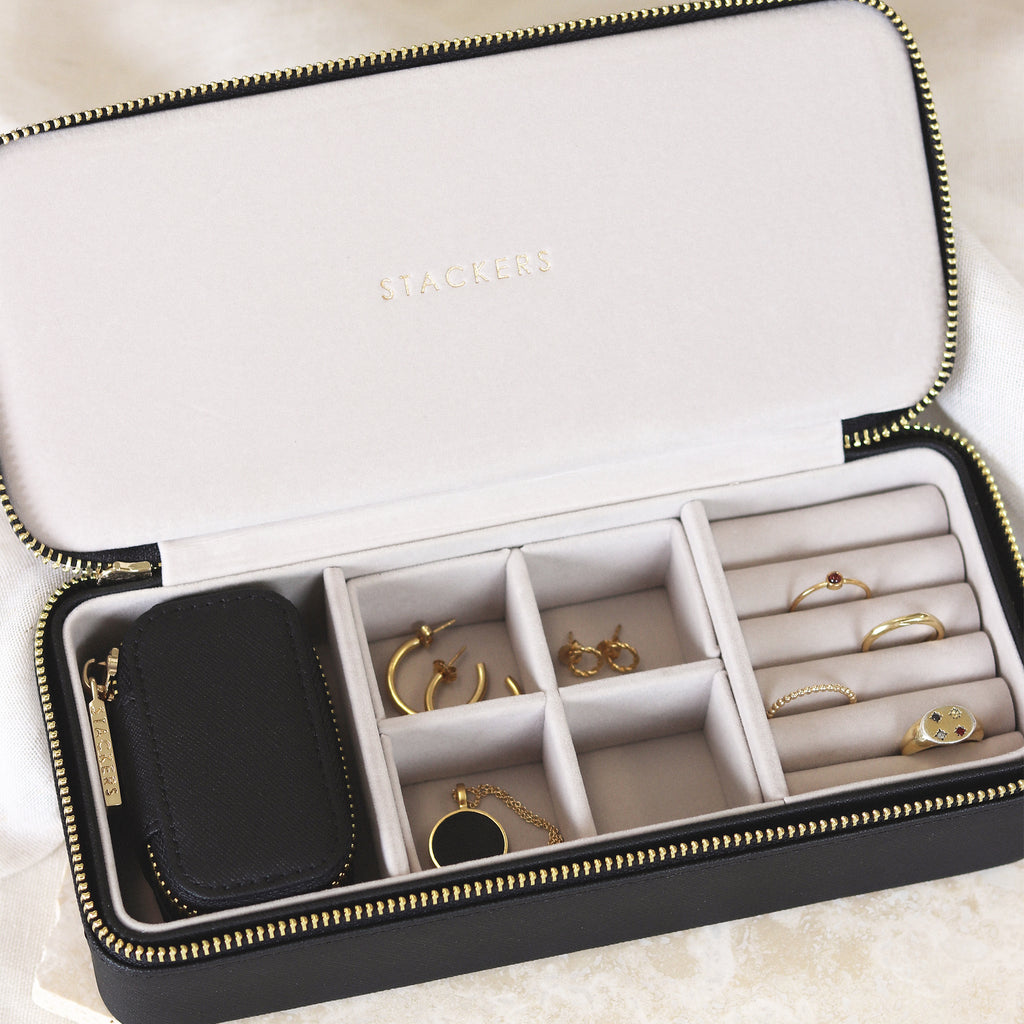 Stackers zipped jewellery case in black with faux velvet, soft lining. Compartments for rings and earrings. Shop Stackers jewellery storage online at Wanderlust Life.