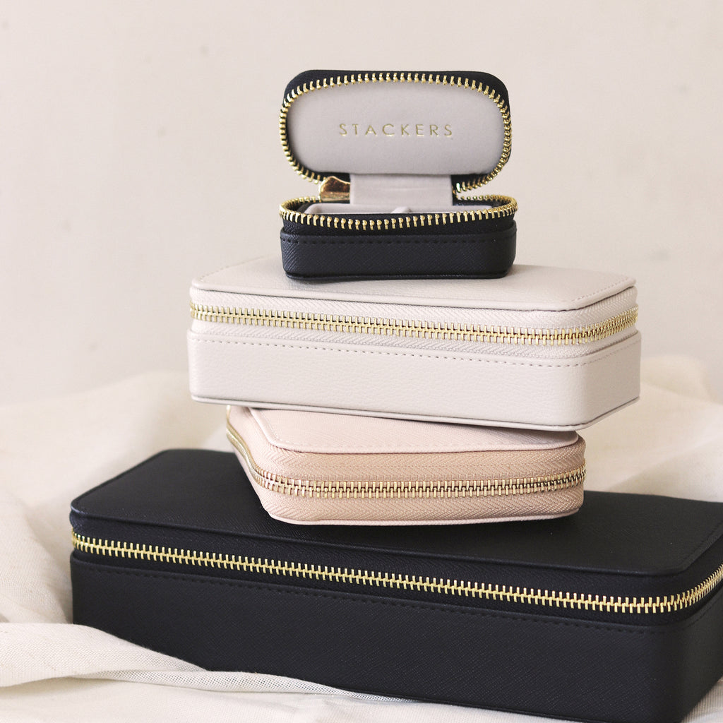 Stackers zipped jewellery storage in black, oatmeal and blush faux leather. Shop the range of jewellery travel cases online at Wanderlust Life.