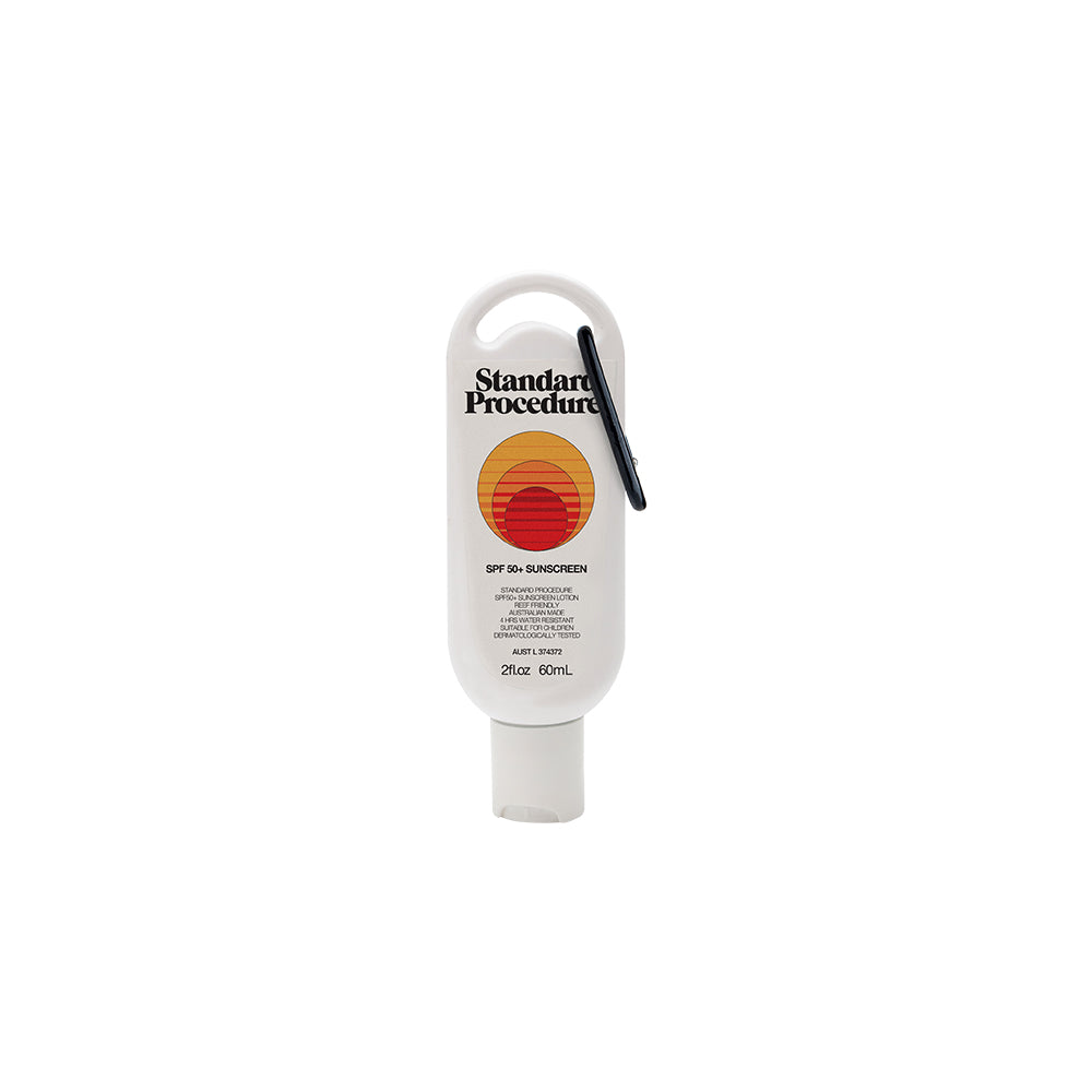 A travel size SPF50 sunscreen containing 60ml. This travel bottle comes complete with a black carabiner so that you can easily clip in onto your bag.