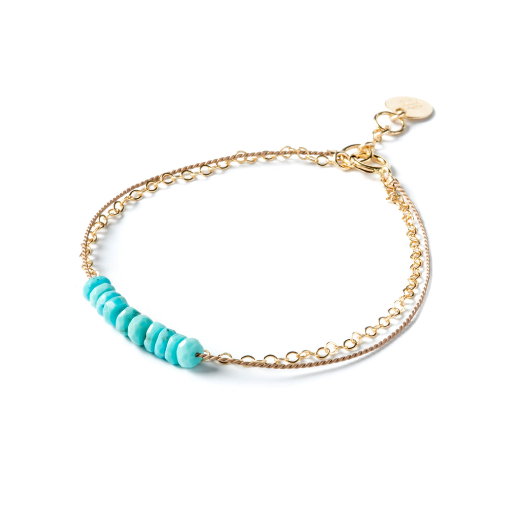 Wanderlust Life Ethically Handmade jewellery made in the UK. Minimalist gold and fine cord jewellery. 14k gold & silk turquoise beaded bracelet