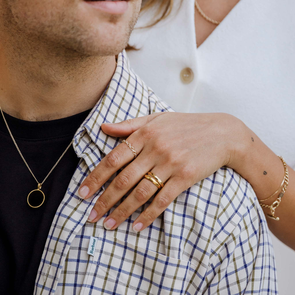 The Amulet Chain Ring features open link of gold fill chain creating a chain ring that doesn't tarnish. High quality, everyday luxury jewellery. This ring is minimal and versatile, adding edge to any ring stack. Designed and handcrafted in our Devon, UK studio.