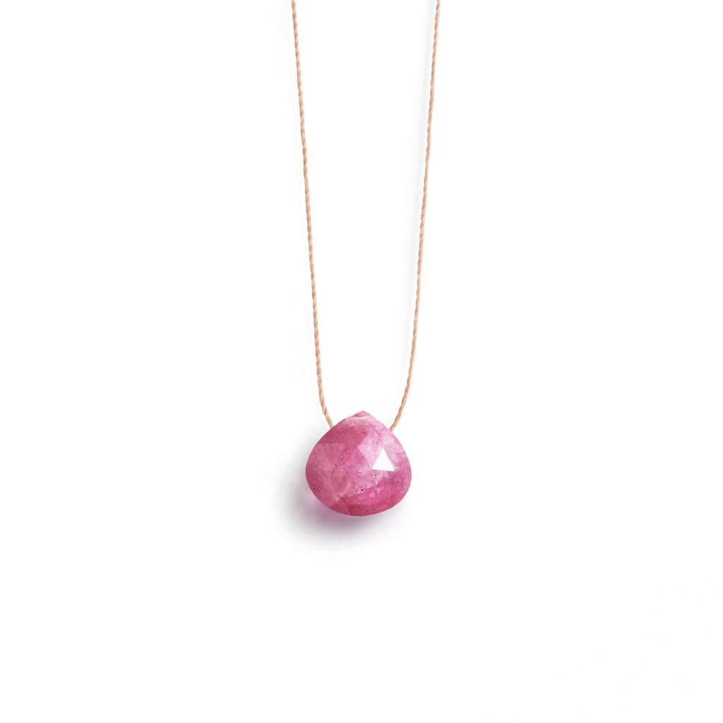 Wanderlust Life Ethically Handmade jewellery made in the UK. Minimalist gold and fine cord jewellery. september birthstone, pink sapphire fine cord necklace