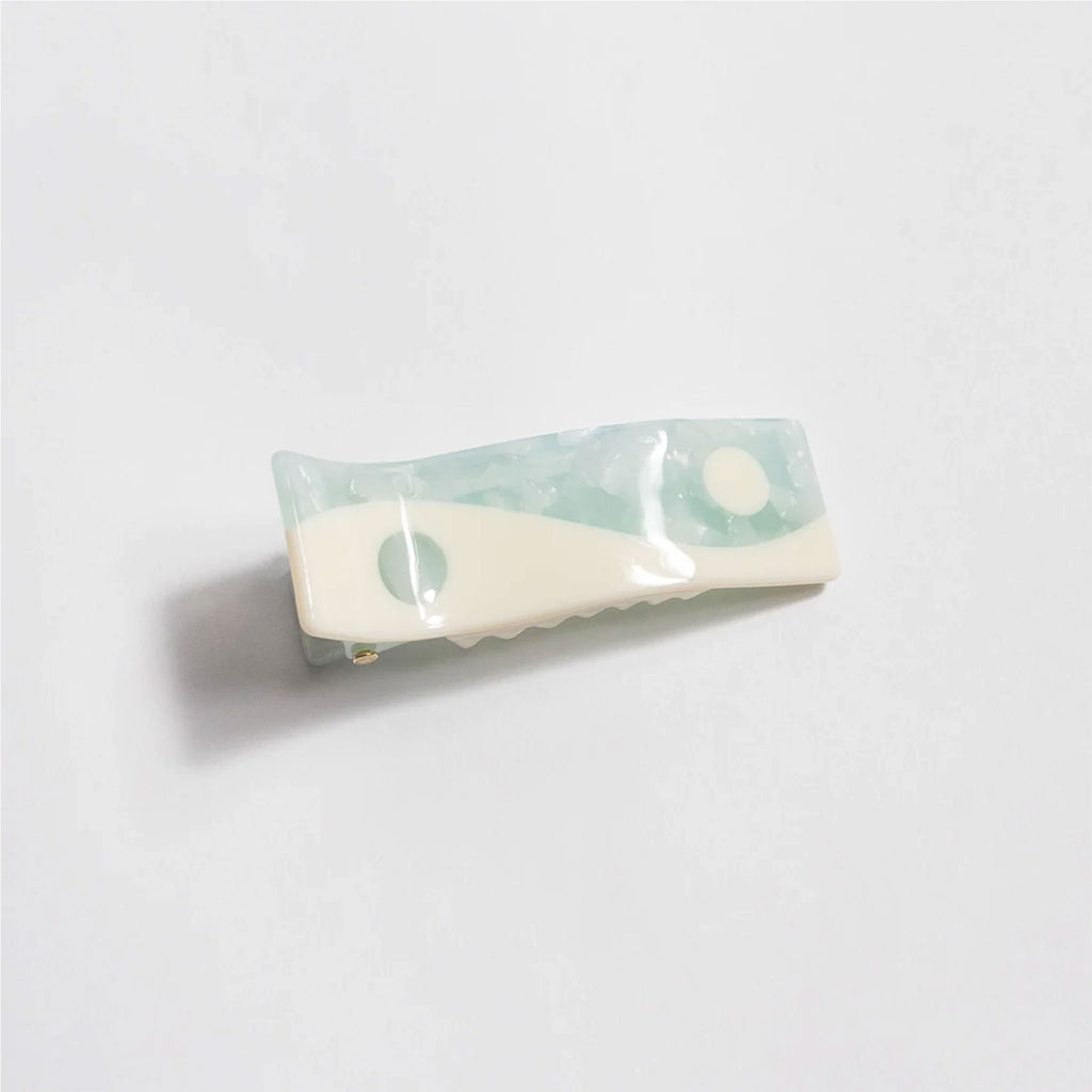 yin-yang mini alligator hair clip in cream and matcha colour scheme. Minimal hair accessory for everyday hair styling. Designed in LA by Winona Irene, a brand new to Wanderlust Life. Perfect for gifting and everyday style.