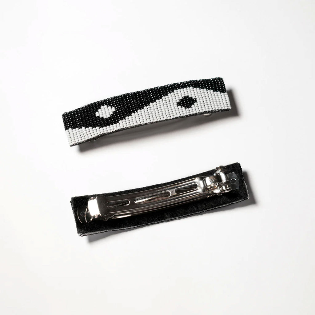 Yin-Yang black and white beaded french barrette hair clip. Minimal hair accessories for everyday hair styling. Designed in LA by Winona Irene, now available at Wanderlust Life.