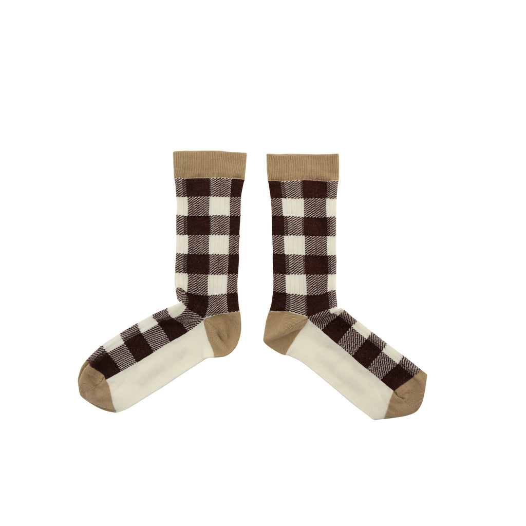 Check patterened socks in the colour Oak, from Monk & Anna. Shop the Monk & Anna collection at Wanderlust Life. 