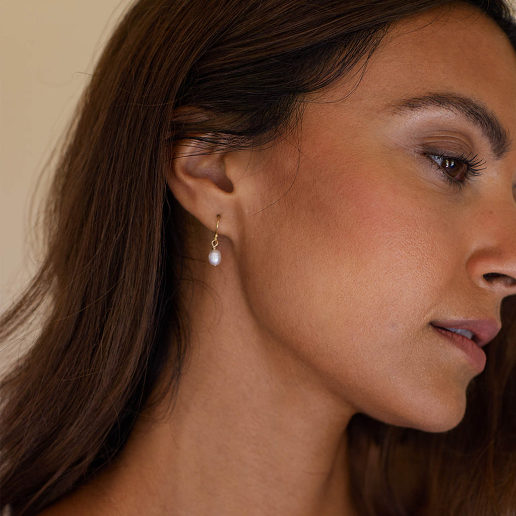 Wanderlust Life freshwater white pearl Isla drop earring. Proudly designed in Devon & handcrafted by our Wanderlust Life jewellery makers in the UK.