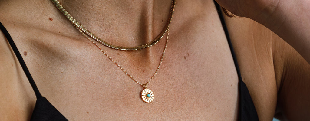 Shop Engravable Birthstone Necklace. December Turquoise Birthstone Mini Sundial Necklace, personalise with free engraving to create a personalised necklace and meaningful birthstone gift. 14k gold vermeil birthstone jewellery.