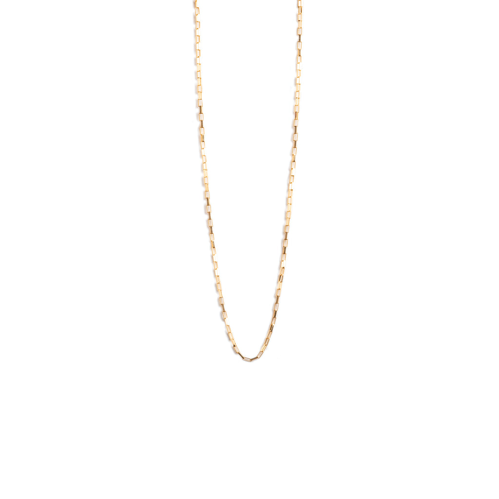Wanderlust Life Arca Chain Necklace. Rectangular gold links form this minimal and modern take on a box chain necklace. With an adjustable length, this 15-17" necklace is perfect for layering. Designed and handcrafted in our Devon Studio. Shop affrodable, everyday, gold fill jewellery online at Wanderlust Life.