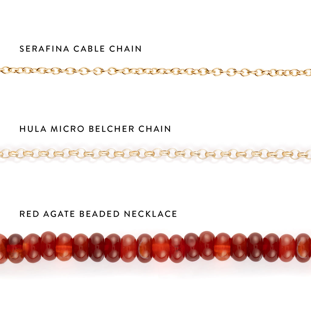 14k gold fill Serafina Cable Chain, 14k gold fill Hula Micro Belcher chain & Red Agate Beaded Necklace. 