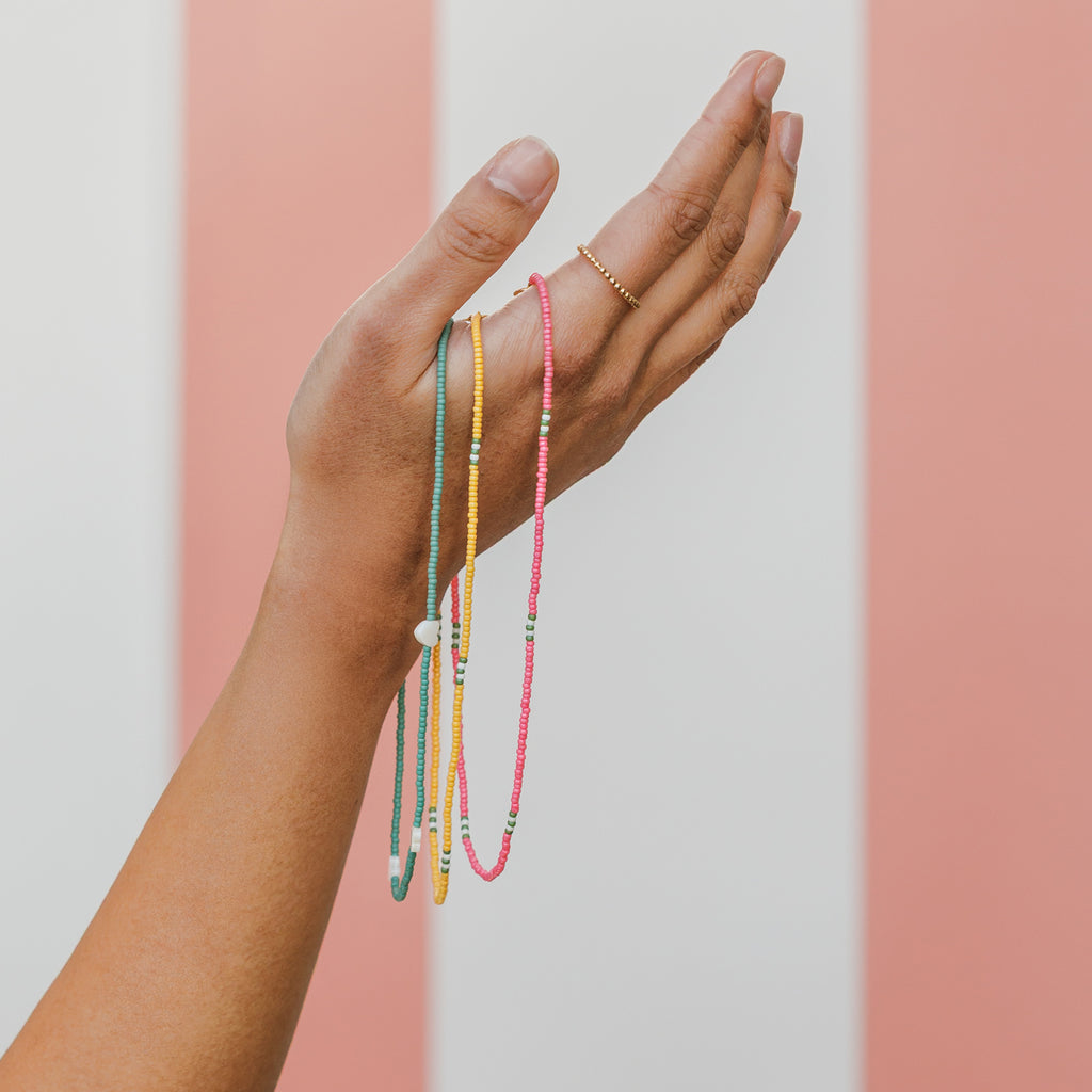 Cloud Blue, Limoncello Yellow and Watermelon Pink Beaded Necklaces.