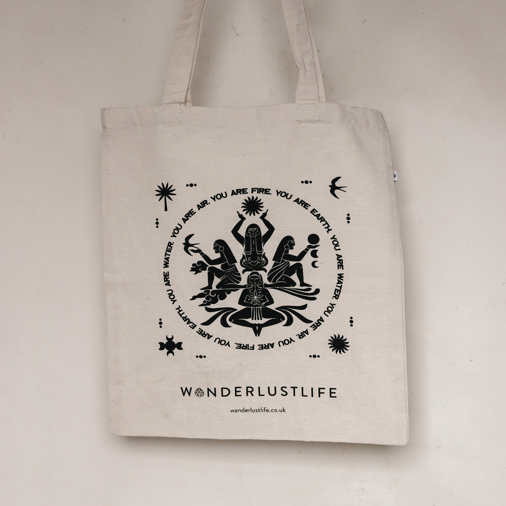 Wanderlust Life Sustainable Elemental Tote, made with recycled sustainable materials. Designed to represent our Elemental Collection, illustrated by Clara Jonas. Shop the Elemental collection online at Wanderlust Life.
