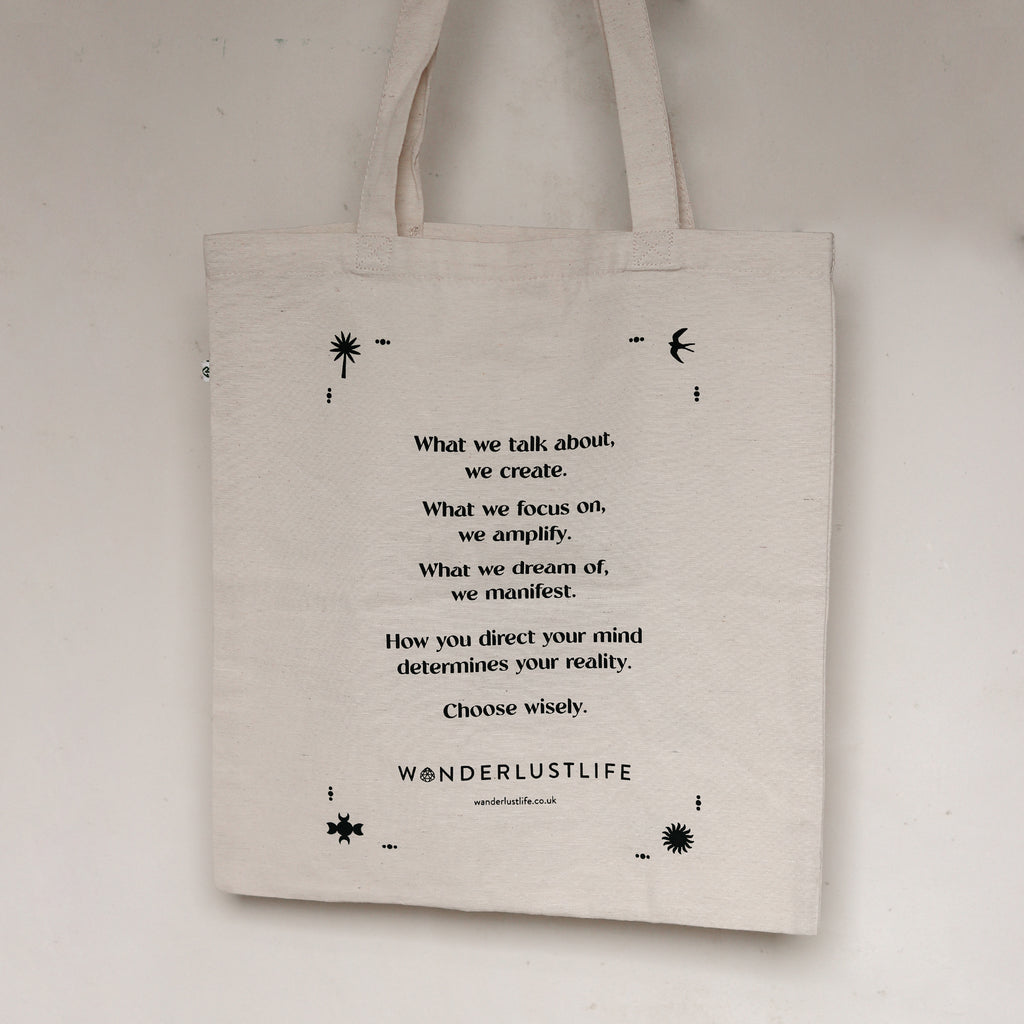 Wanderlust Life Sustainable Elemental Tote, made with recycled sustainable materials. Designed to represent our Elemental Collection, illustrated by Clara Jonas. Shop the Elemental collection online at Wanderlust Life.