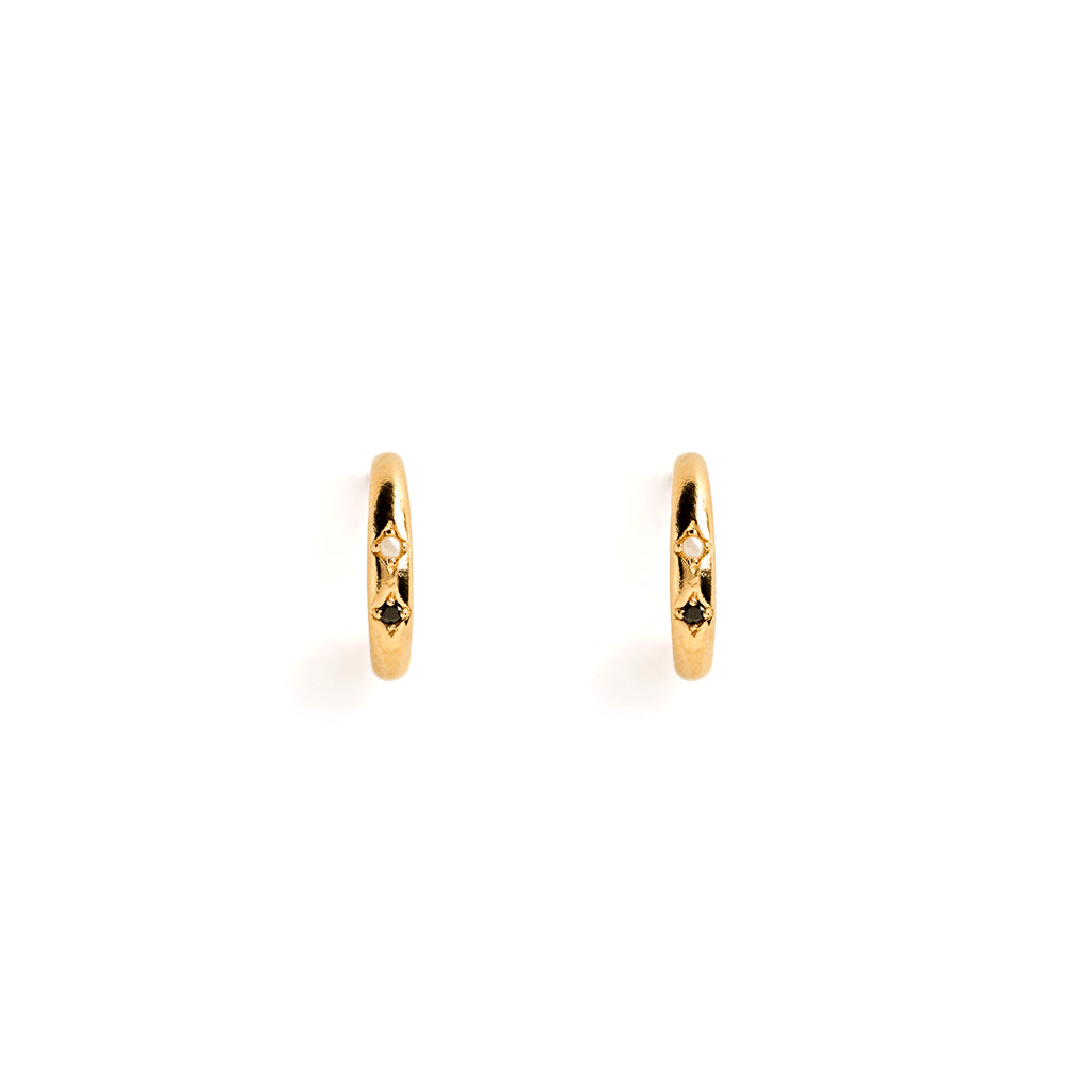 14k gold vermeil hoops featuring pearl and black spinel gemstones. Proudly designed in Devon and crafted by our Wanderlust Life global artisan partners