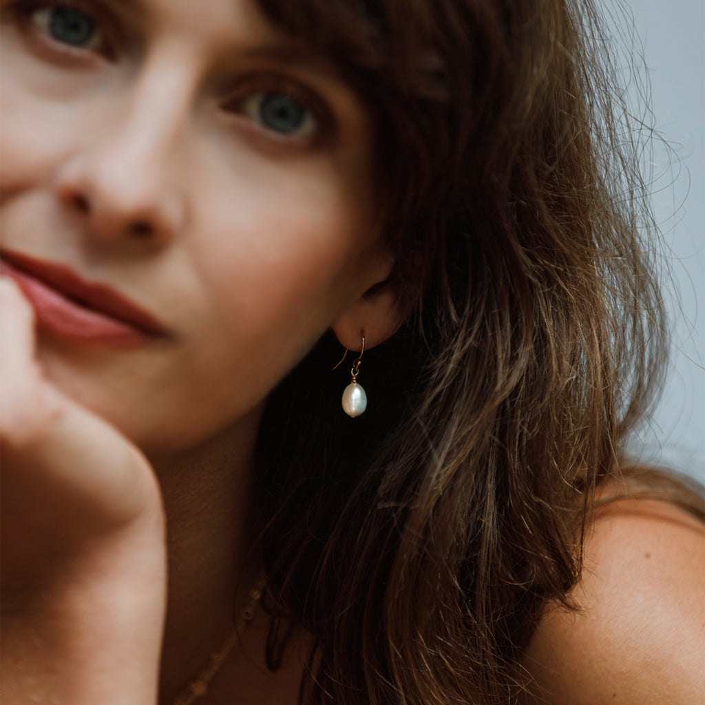 Wanderlust Life freshwater white pearl Isla drop earring. Proudly designed in Devon & handcrafted by our Wanderlust Life jewellery makers in the UK.