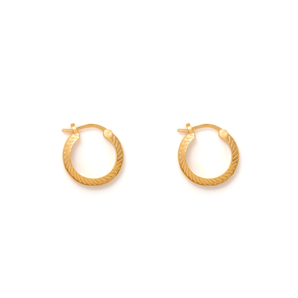 Plumo Gold Hoop Earring. 14 carat gold plated silver engraved hoops with hinged closing. proudly designed in Devon & handcrafted by our Wanderlust Life global artisan partners