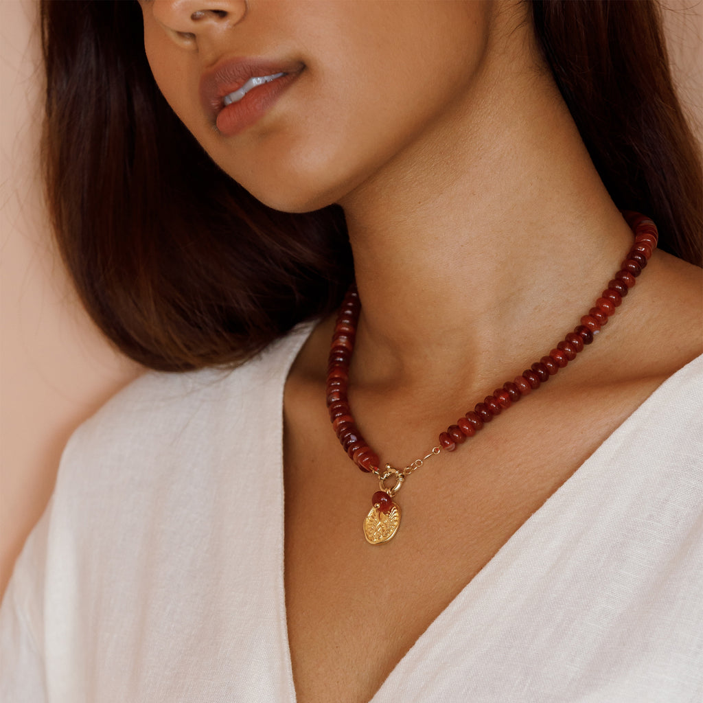 Red Agate Beaded Necklace with Libra Zodiac Coin Pendant necklace.