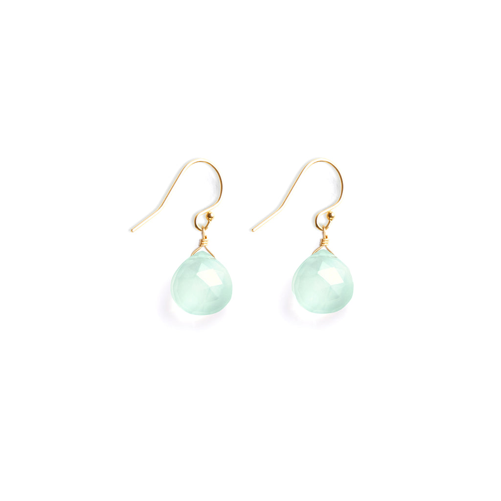Sea Glass Chalcedony Isla Drop Earring. 14 carat gold fill Isla drop earring with Sea Glass Chalcedony faceted semi-precious gemstone. Proudly designed in Devon & handcrafted by our Wanderlust Life jewellery makers in the UK.