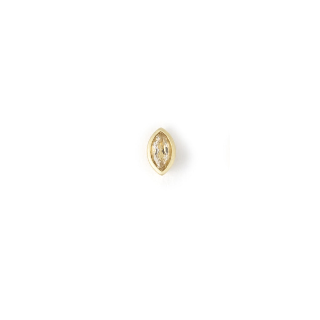 A delicate elliptical bezel setting surrounds a shimmering White Topaz on a stud earring.