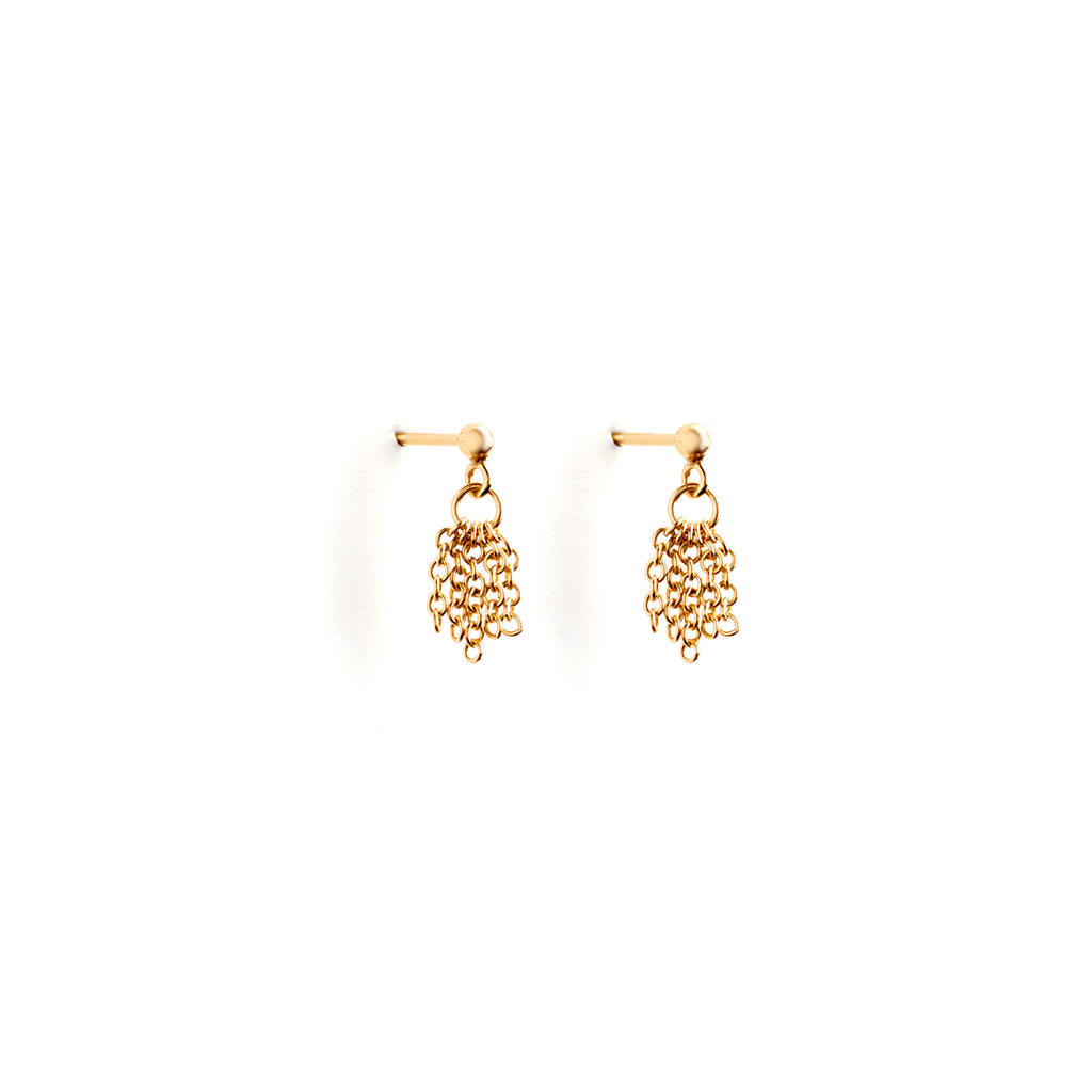 Minimal gold tassle chain stud earrings, handmade in Devon with 14k gold fill chain
