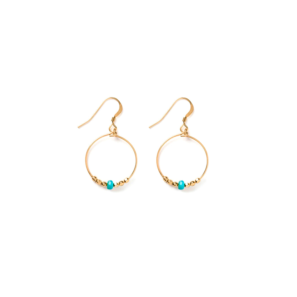 Wanderlust Life Ethically Handmade jewellery made in the UK. Minimalist gold and fine cord jewellery. Cairo hoop earring, turquoise. A 14k gold fill hoop earring with a row of faceted gold and turquoise beads.