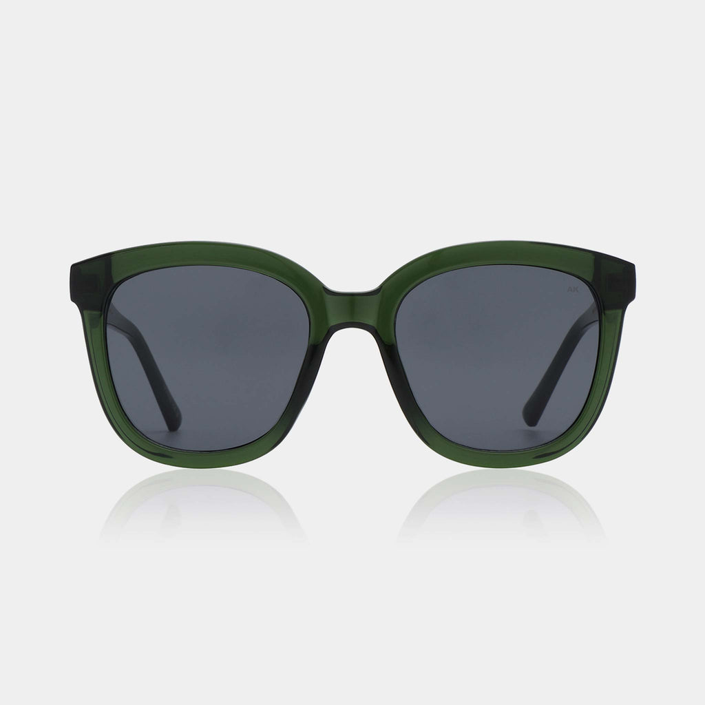 A sophisticated and oversized style with large lenses and green toned frames. UV400 protective sunglasses by A.Kjaerbede.