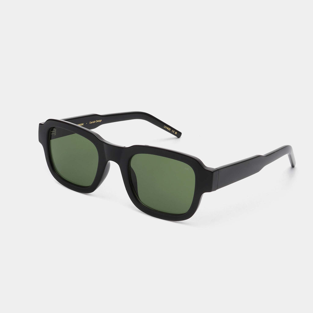 Featuring frames built around square lenses but with a soft and relaxed touch, Halo are a classic, medium sized style. The frames are black accompanied with green hued lenses.