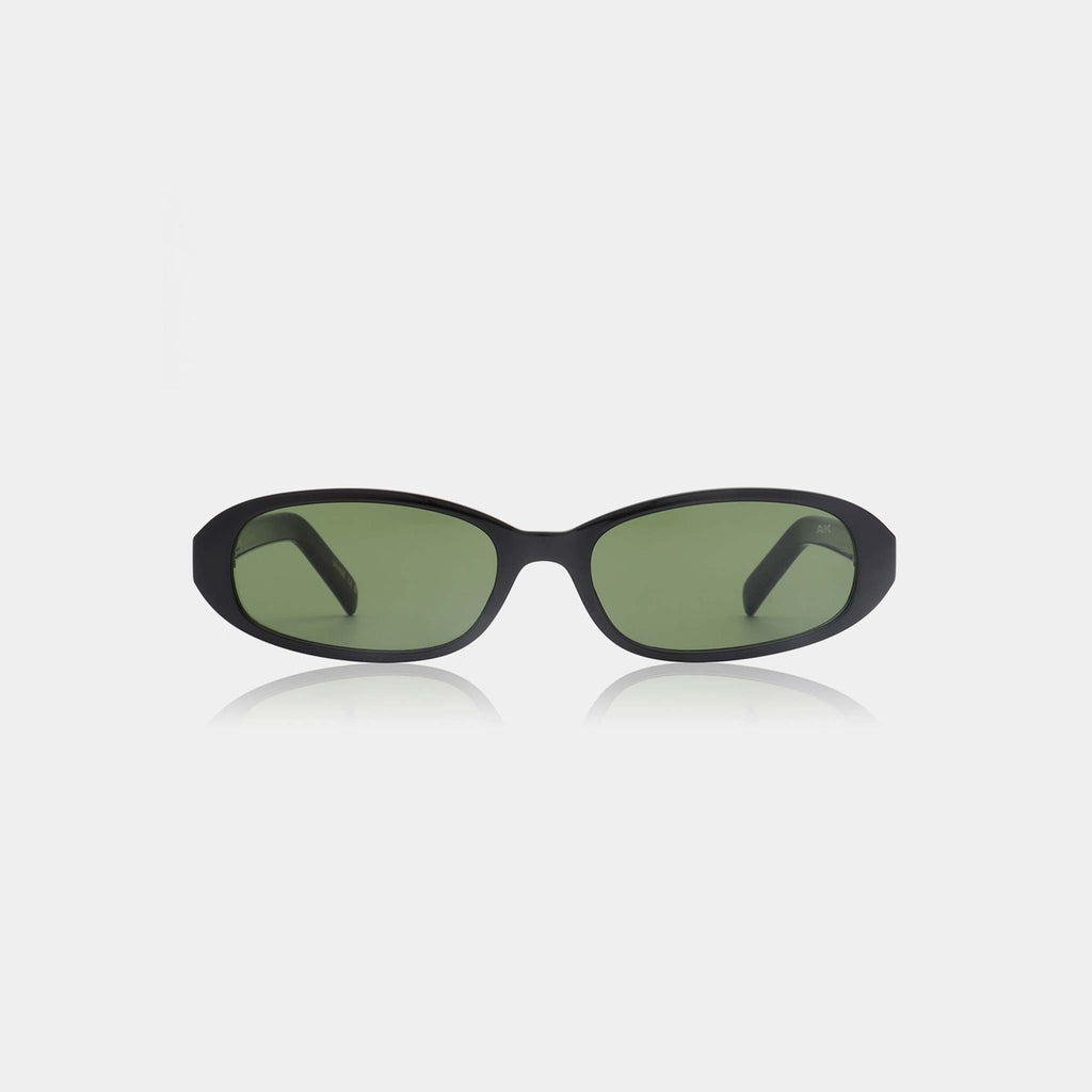 Black sunglasses with green lenses on a white background