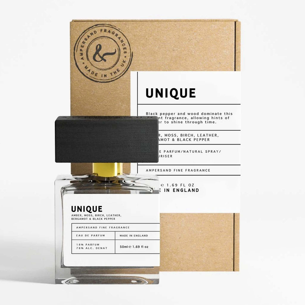 Eau de parfum in the scent Unique by Ampersand Fragrances. Genderless and minimal packaging, 50ml perfume with notes of bergamot and black pepper. 