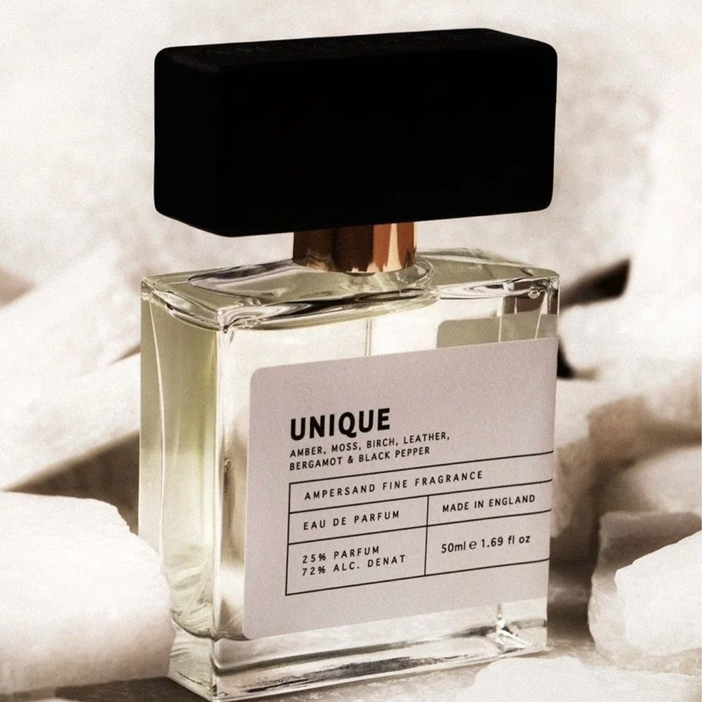 Eau de parfum in the scent Unique by Ampersand Fragrances. Genderless and minimal packaging, 50ml perfume with notes of bergamot and black pepper. 