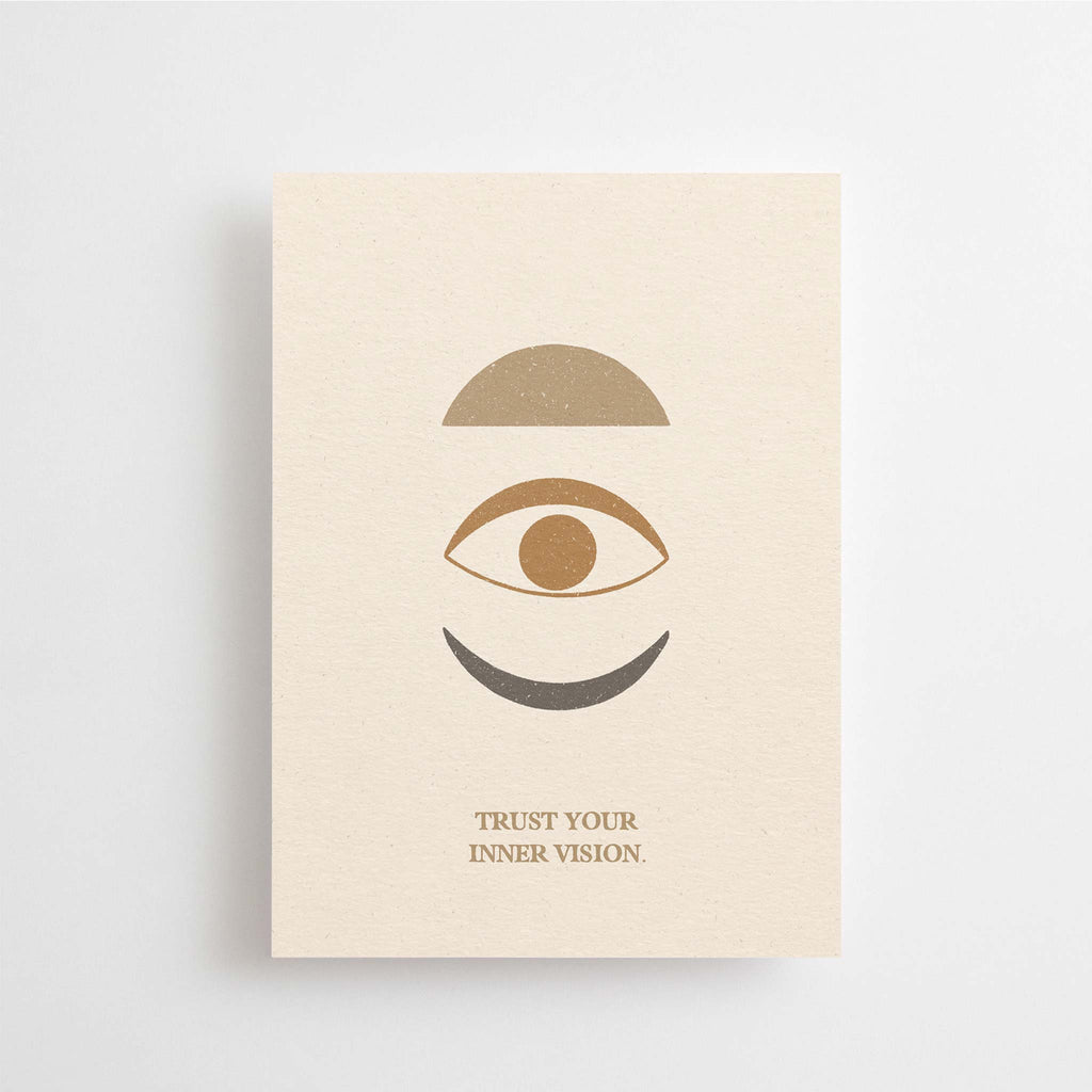 Trust your inner vision card features an illustration of an eye and moon-phase, inspired by light and perception. Designed by Anna Cosma.