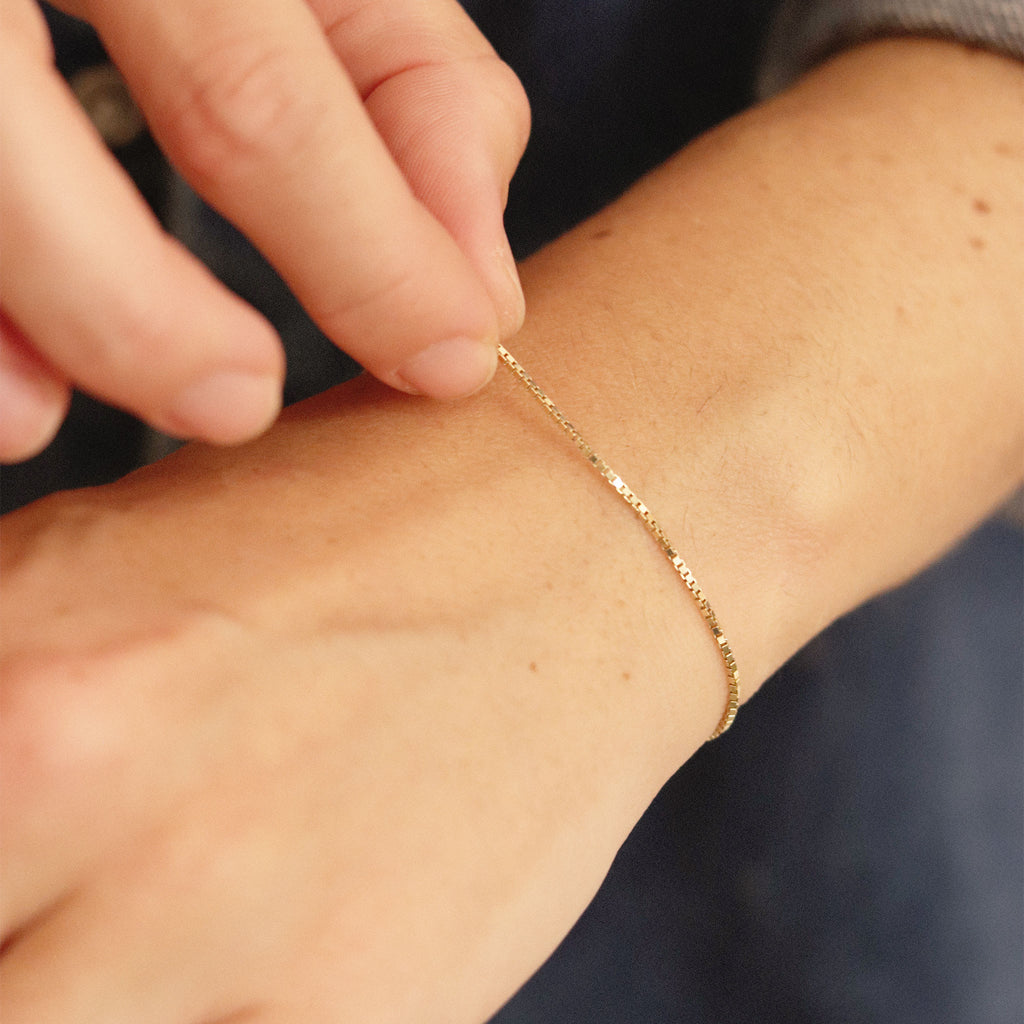 Wanderlust Life Ava Box Chain Solid Gold Bracelet. Designed and handcrafted in our Devon studio. Shop gold jewellery online at Wanderlust Life.