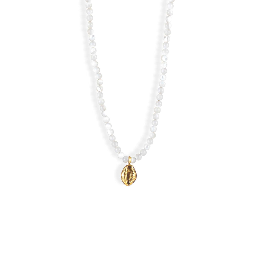 A dainty hand-cast cowry shell dances on a mother of pearl beaded choker necklace.