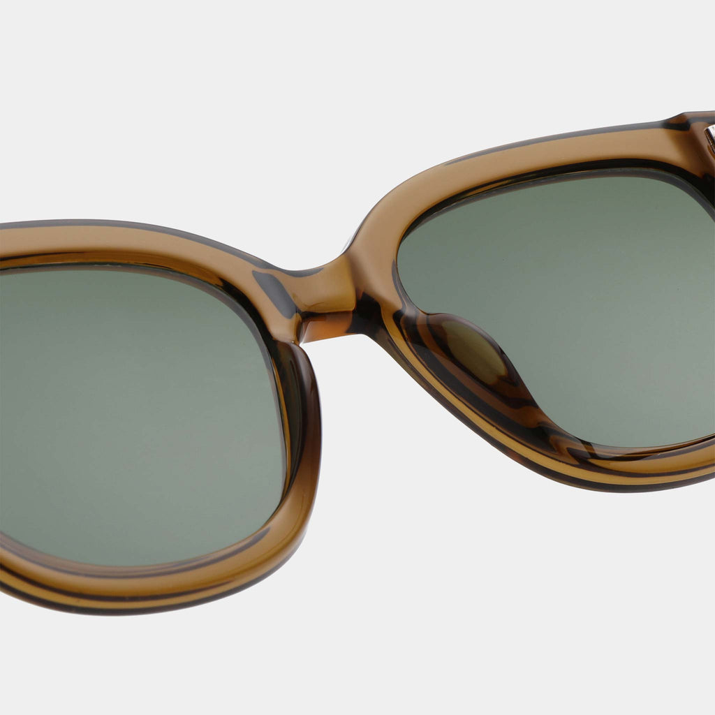Sunglasses with brown frame and green lenses on a white background