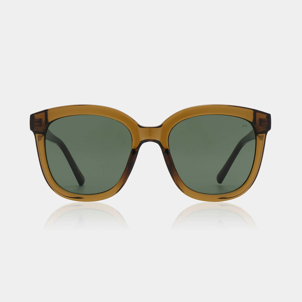 Sunglasses with brown frame and green lenses on a white background