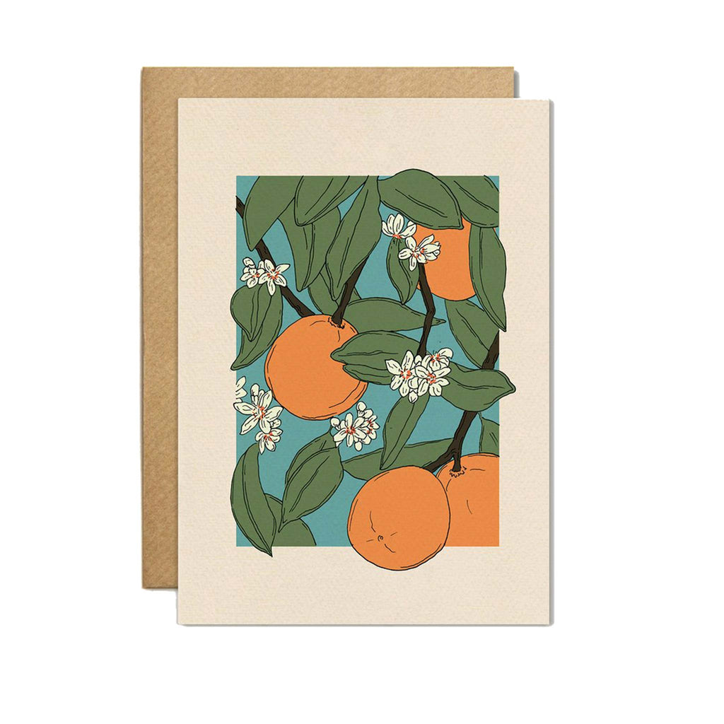On a turquoise baackground, oranges, green leaves and flowers decorate this colourful greeting card. Designed by Cai & Jo, available at Wanderlust Life.