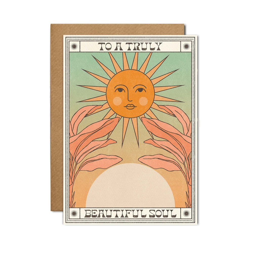 Featuring a colourful design with a sun.'To a truly beautiful soul' greetings card. Blank inside for your personalised message.