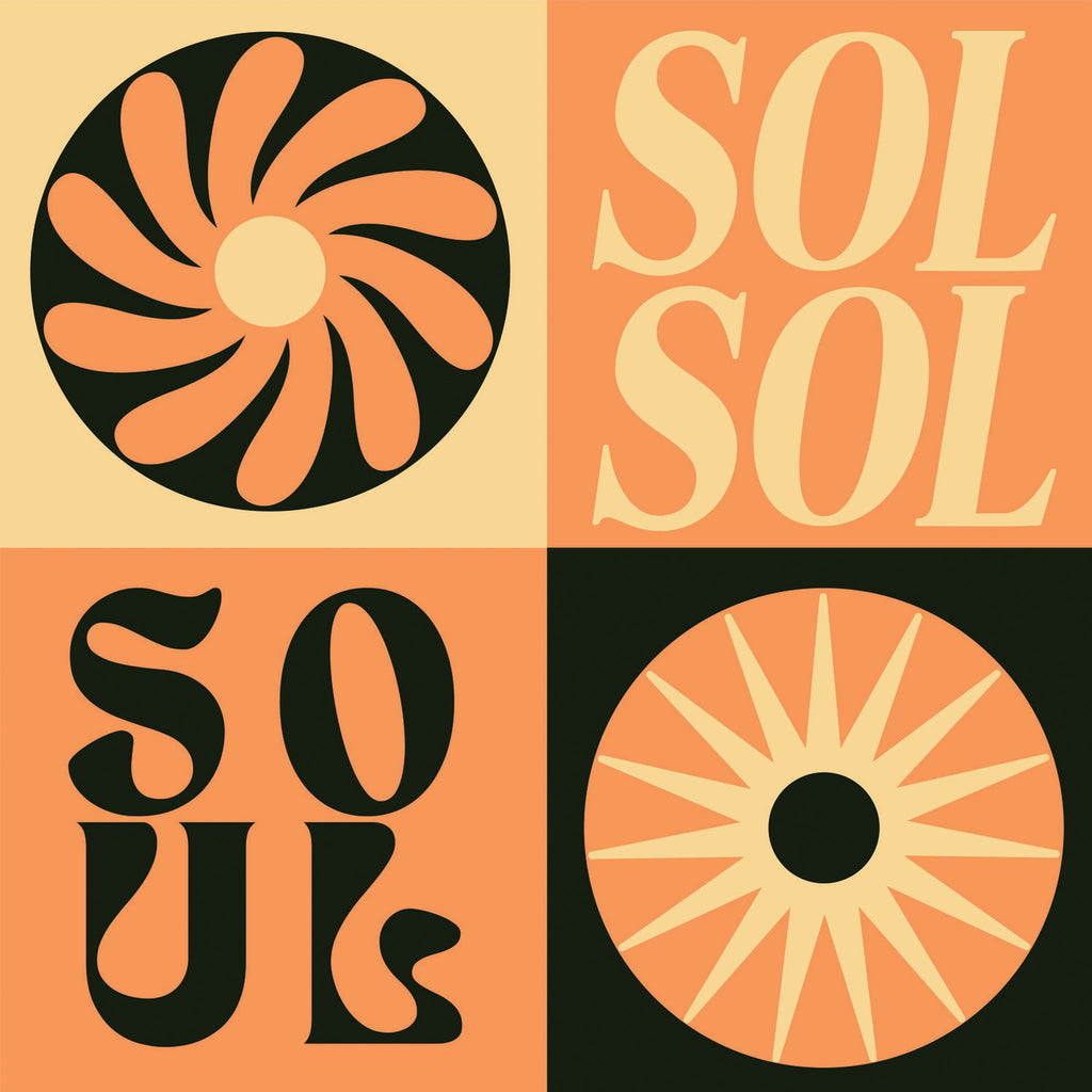 Clara Jonas Sol and Soul Print. Bold, contrasting and bright wall art with graphic text. Rays of sunlight contrast with orange in this sun, soul, myth and mystic inspired artwork. Designed by Cornwall based artist, Clara Jonas. Available online at Wanderlust Life and in our Devon UK shop & studio.