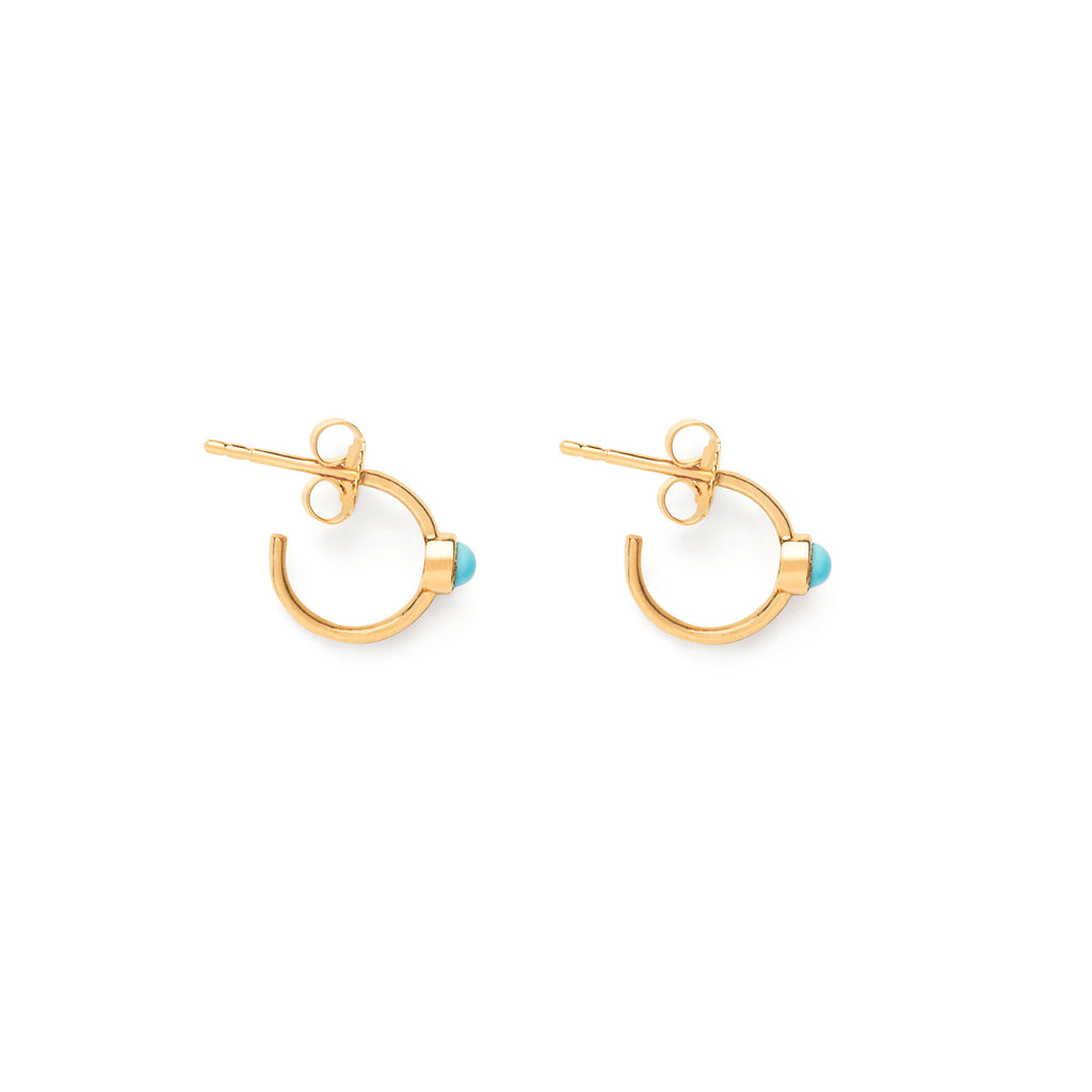 Side view of Astrea Birthstone Hoops with turquoise gemstones for December birthdays. Minimal, petite gold hoops for ear stacking. 14k gold vermeil, gemstone jewellery.