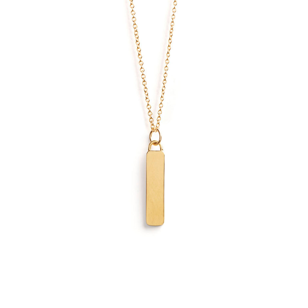 Wanderlust Life Aqua Pendant Necklace. New in the Elemental Collection,a vertical bar decorated with moon phases hands from a gold chain necklace. The reverse of the pendant is blank for complimentary engraving. Designed in our Devon studio, and handcrafted in the UK by our Wanderlust Life global artisan partners with 100% recycled silver.