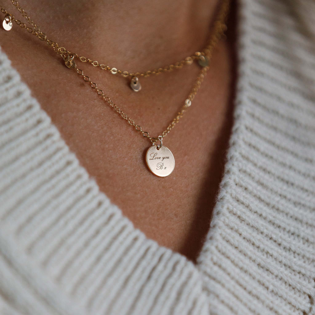 Engraved love you B x on Insignia Disc Pendant Necklace