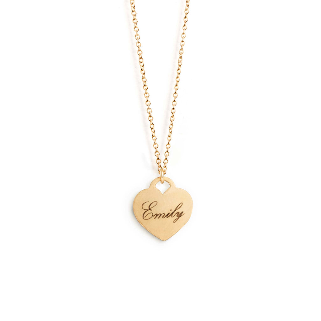 The Love Notes heart necklace engraved with the name Emily in Antique Script, a decorative and italic font.