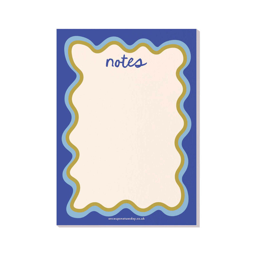 An A5, compact notepad with a wavy blue, seventies inspired border. Perfect for jotting down your brilliant ideas and to-do lists.